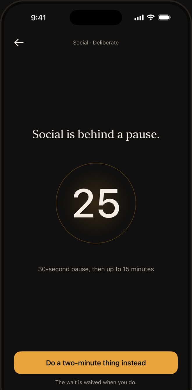 Pausible's pause screen: “Social is behind a pause.” above a 25-second countdown and one button, “Do a two-minute thing instead”.