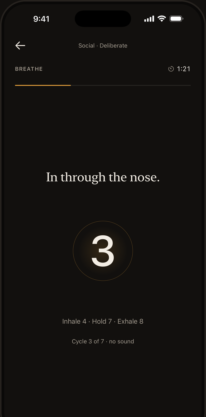 The Breathe instead: “In through the nose.” above a large numeral 3, with Inhale 4 · Hold 7 · Exhale 8 below.