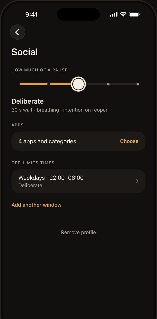 A profile called Social with the friction dial set to Deliberate, four apps chosen, and an off-limits window on weekdays from 22:00 to 06:00.